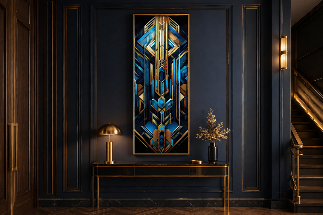 Vertical Art Deco framed canvas with geometric gold, black, and blue patterns on a dark wall.
