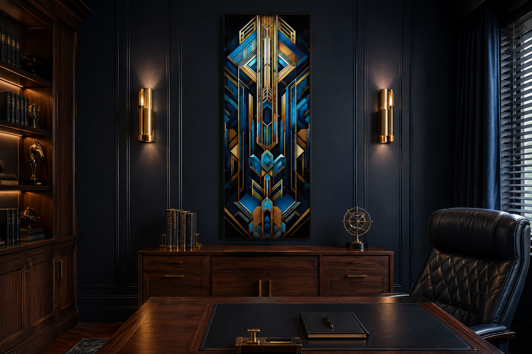 Vertical Art Deco canvas wall art with gold, black, and blue geometric patterns in a dark office.