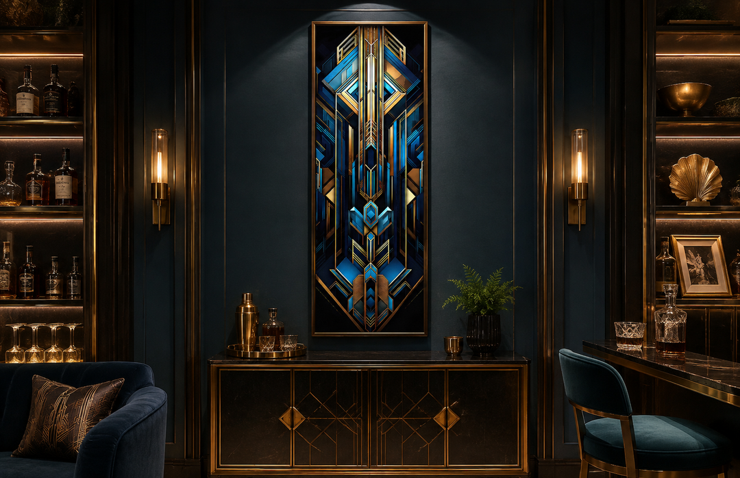 Vertical Art Deco framed canvas wall art with geometric patterns in gold, black, and blue.
