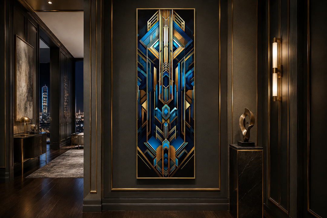 Vertical Art Deco framed canvas wall art with geometric patterns in gold, black, and blue.
