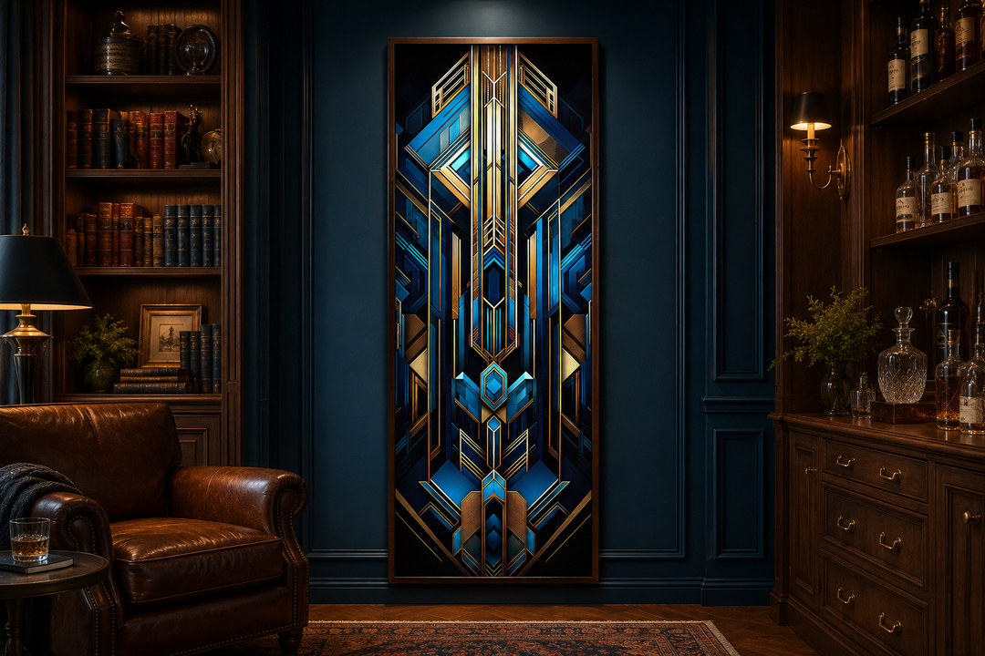 Vertical Art Deco framed canvas wall art with geometric patterns in gold, black, and blue.