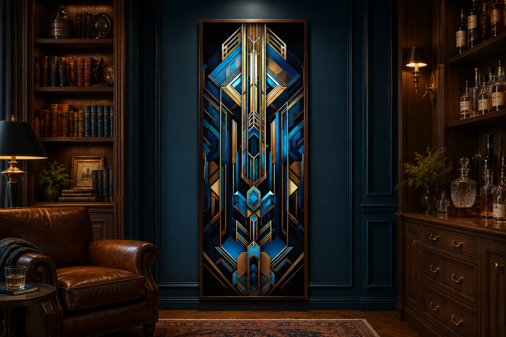 Vertical Art Deco framed canvas wall art with geometric patterns in gold, black, and blue.