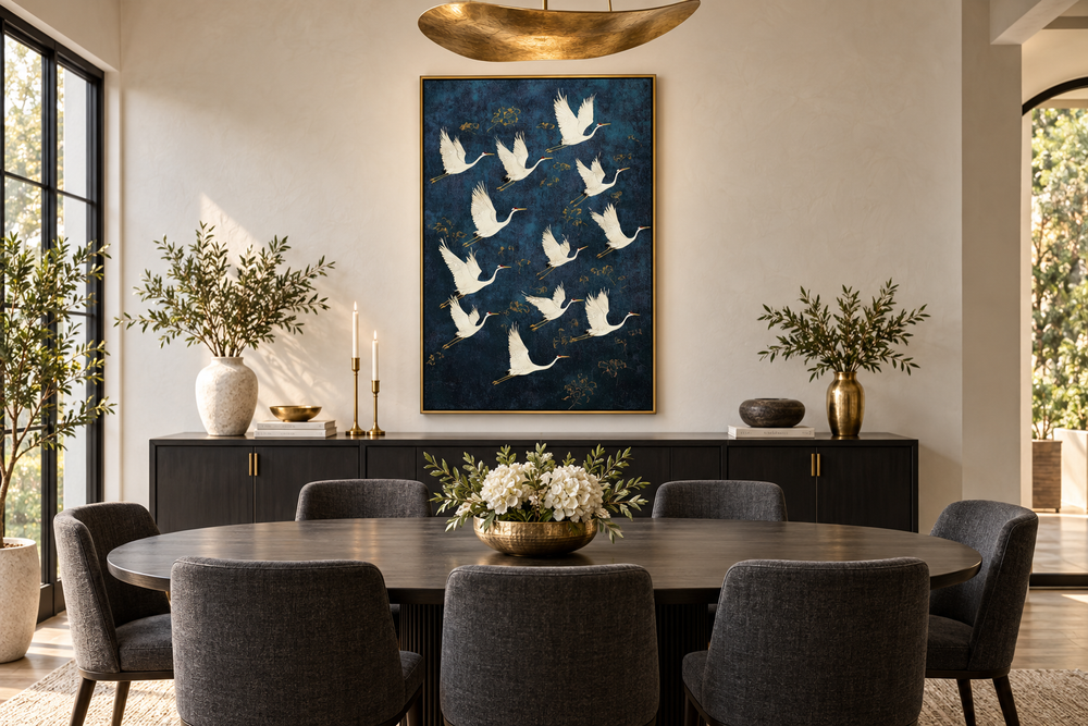 Vertical canvas wall art of white and gold Japanese cranes flying against a navy blue background.