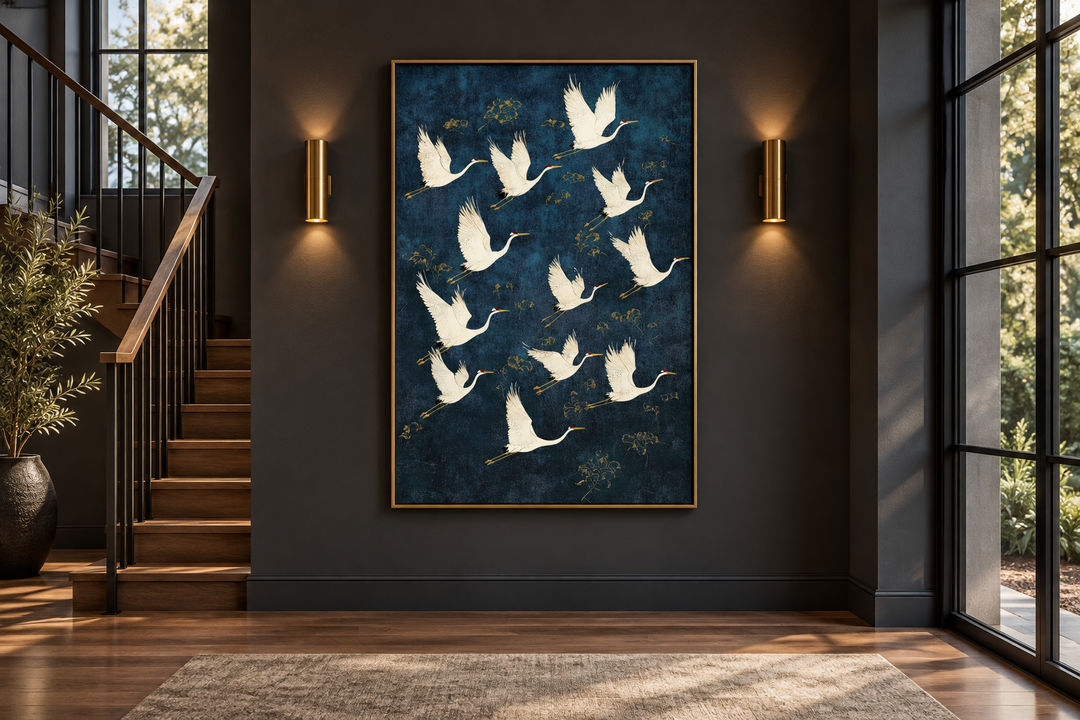 Vertical canvas wall art of white Japanese cranes flying across a navy blue and gold background.