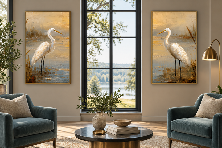 Set of 2 framed canvas prints featuring white egrets in a golden marsh, displayed in a living room.