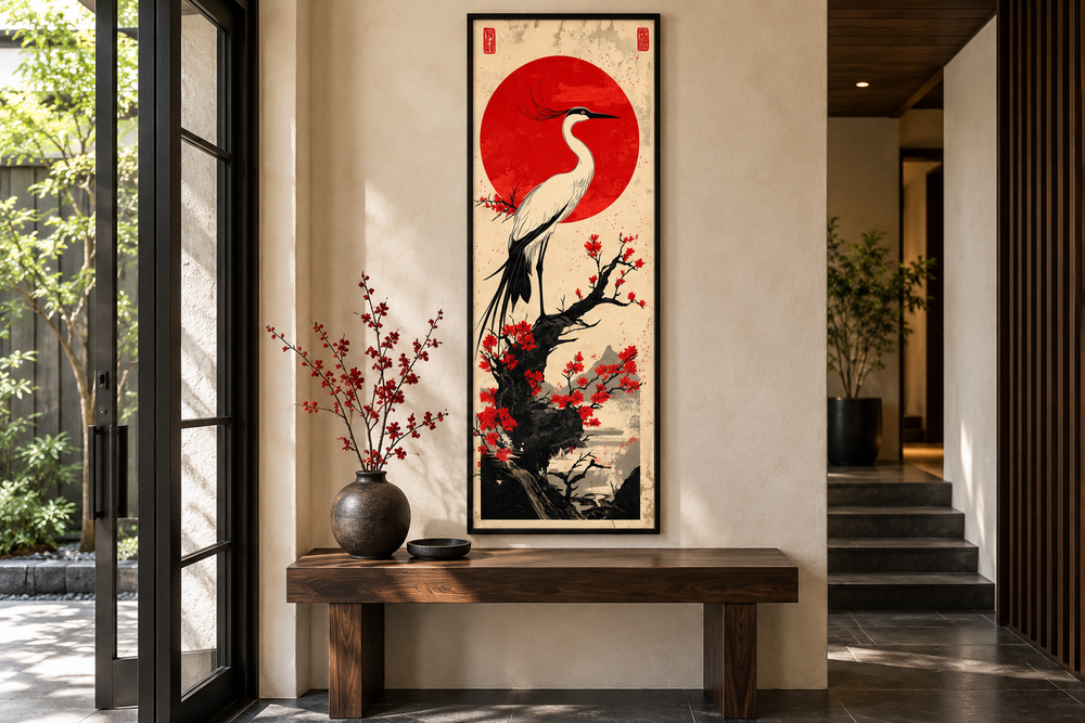 Vertical framed canvas art of a white crane on a branch with a red sun in Japanese scroll style.