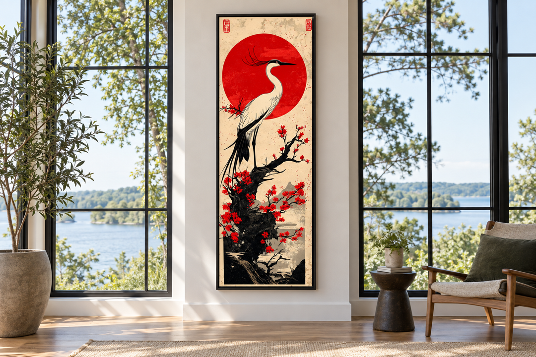 Vertical framed canvas wall art of a white crane and red sun in a modern living room setting.