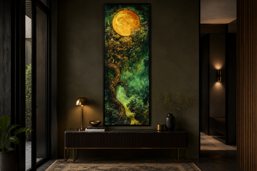 Tall narrow framed canvas art of a green Celtic tree of life under a large golden moon.