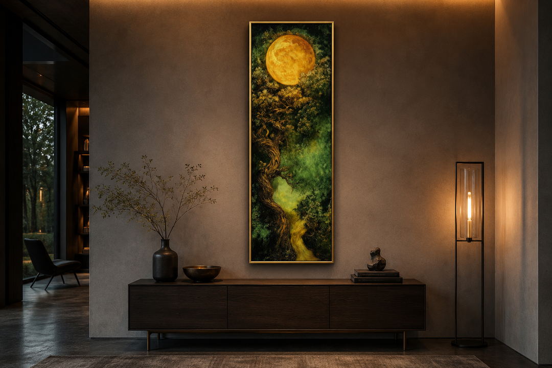Vertical framed canvas art of a green Celtic tree of life under a large golden moon.