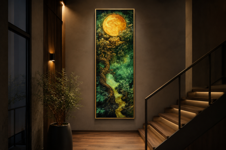 Tall vertical framed canvas art of a green Celtic tree of life under a glowing golden moon.