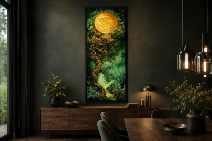 Tall narrow framed canvas art of a green Celtic tree of life under a glowing golden moon.