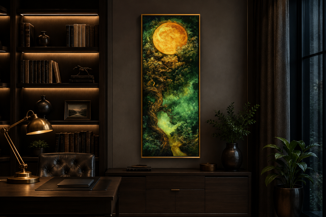 Vertical framed canvas art of a green Celtic tree of life under a large golden moon in a home office.