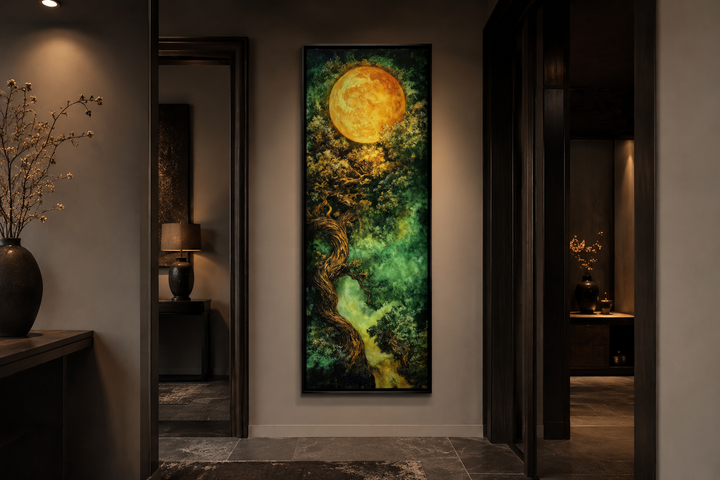 Tall narrow framed canvas art of a green Celtic tree of life under a glowing golden moon.