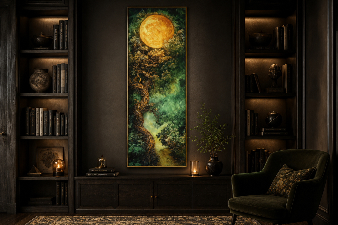 Tall narrow framed canvas art of a green Celtic tree of life under a large golden moon.