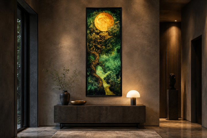 Tall narrow framed canvas art of a green Celtic tree of life under a glowing golden moon.