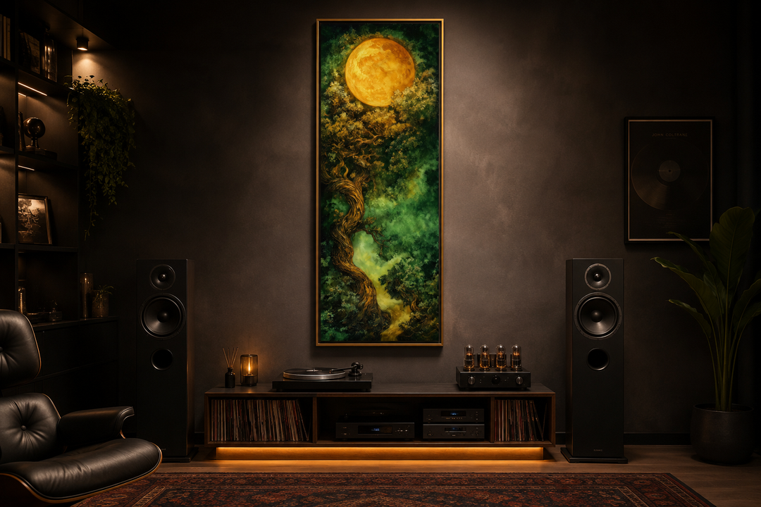 Vertical framed canvas art of a green Celtic tree of life under a golden moon in a dark room.