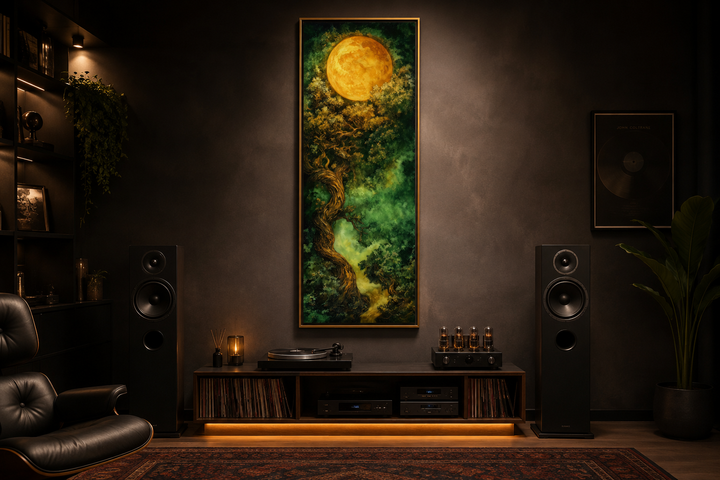 Vertical framed canvas art of a green Celtic tree of life under a golden moon in a dark room.