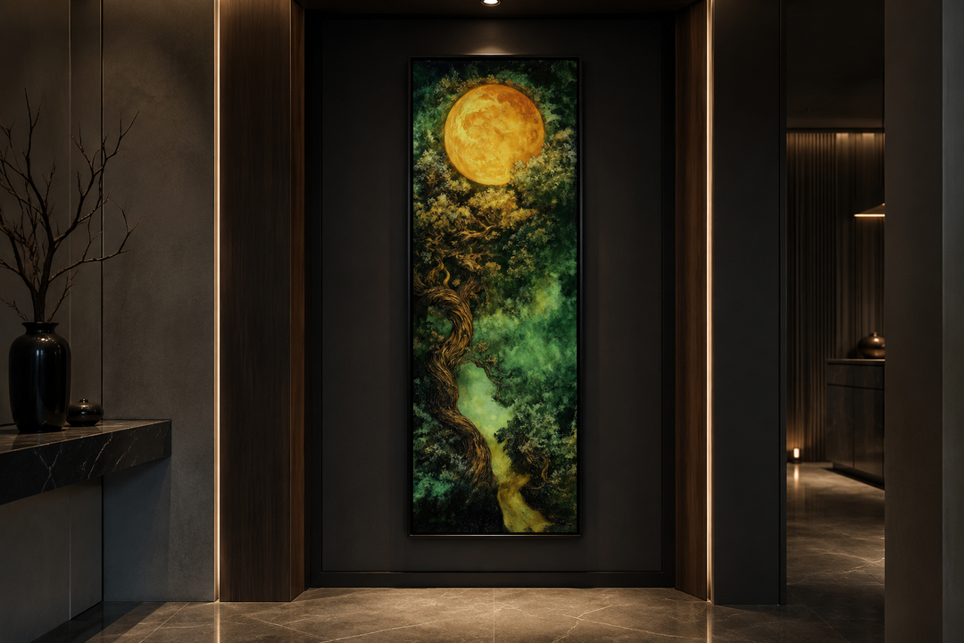 Tall narrow framed canvas art of a green Celtic tree of life under a large golden moon.