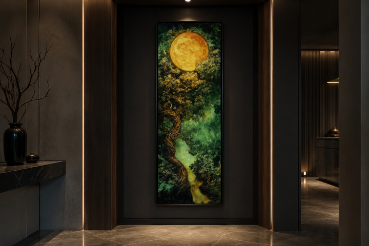 Tall narrow framed canvas art of a green Celtic tree of life under a large golden moon.