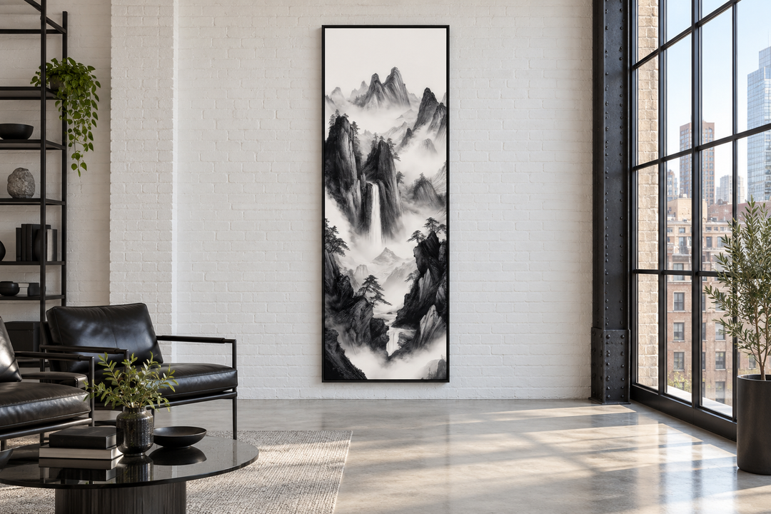 Vertical narrow Chinese mountain landscape canvas wall art in a black frame on a white brick wall.