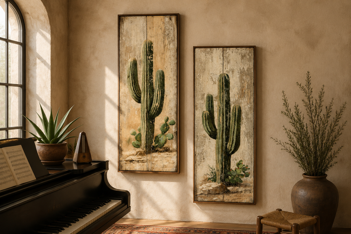 Saguaro Cactus Painting | Set of 2 Vertical Narrow Wall Art - Rustic Desert Canvas Prints