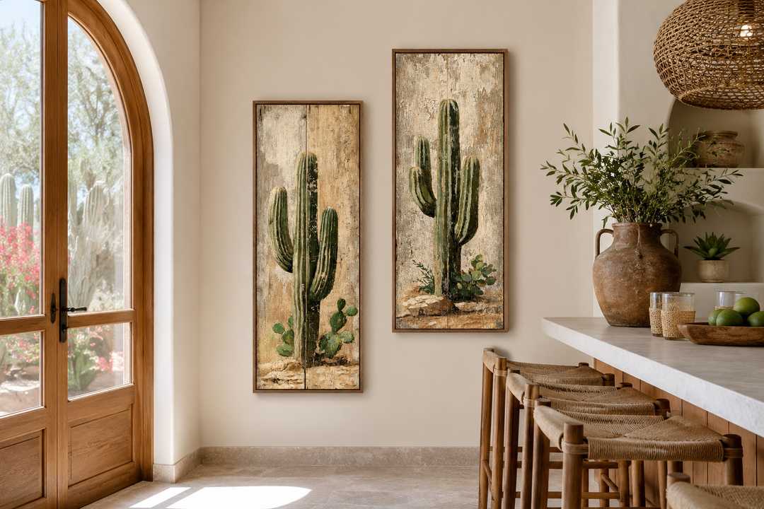 Saguaro Cactus Painting | Set of 2 Vertical Narrow Wall Art - Rustic Desert Canvas Prints