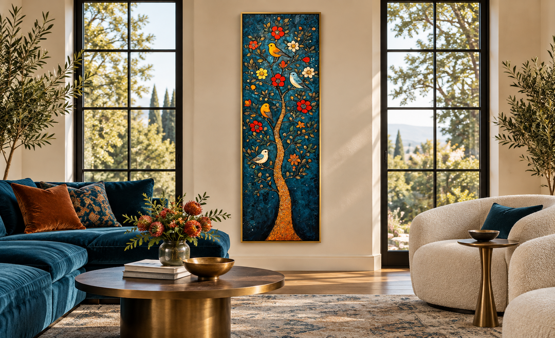 Tall narrow canvas wall art of a colorful floral tree with birds on a deep teal background.