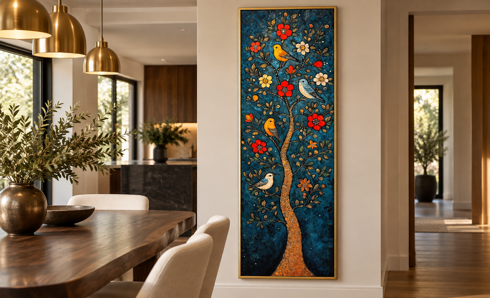 Vertical canvas wall art of a colorful floral tree with birds on a deep teal background.