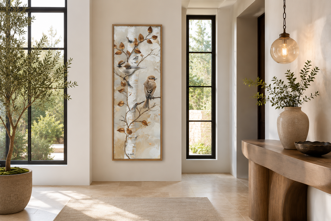 Long narrow vertical wall art featuring two birds on a birch tree in a modern hallway.