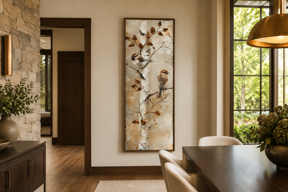 Long narrow vertical wall art featuring two birds on a birch tree in a modern dining room.