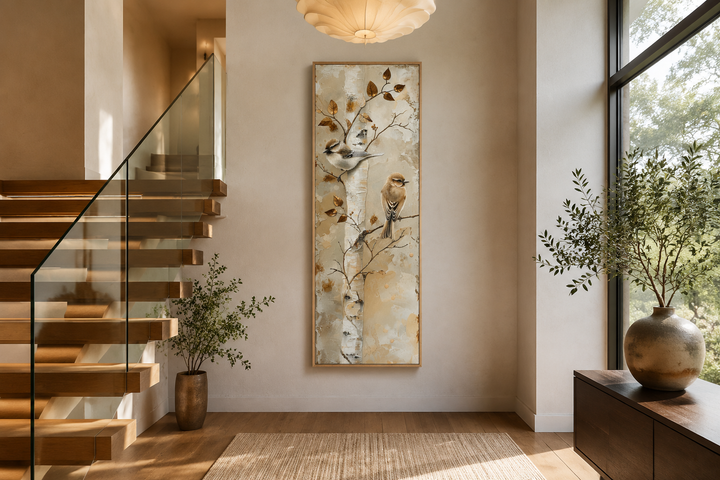 Vertical wall art of two birds on a birch tree in a long narrow frame, hanging in a modern hallway.