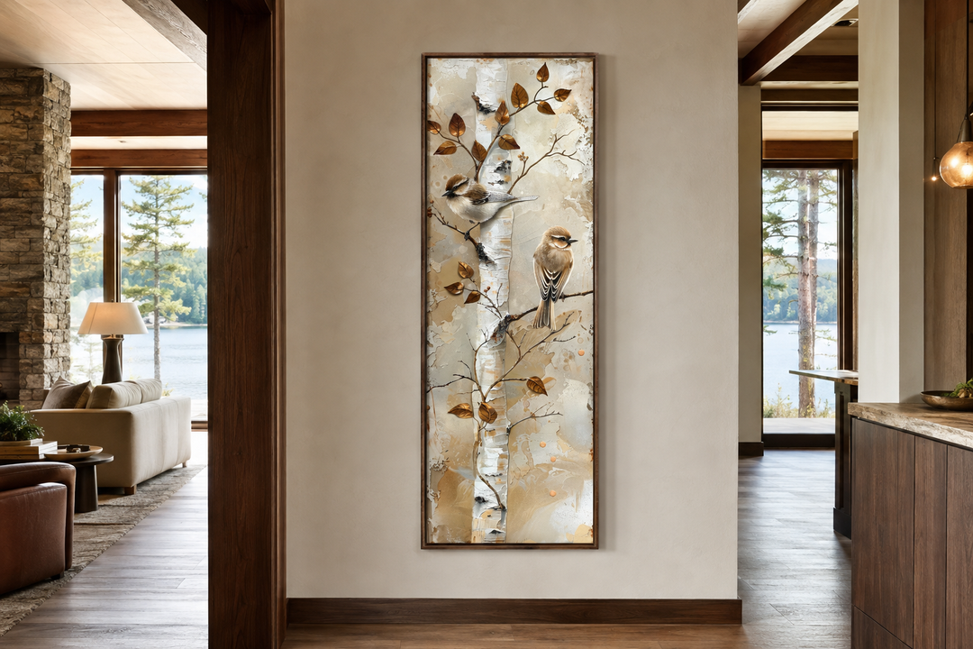 Long narrow vertical wall art of birds on a birch tree in a rustic lodge interior.