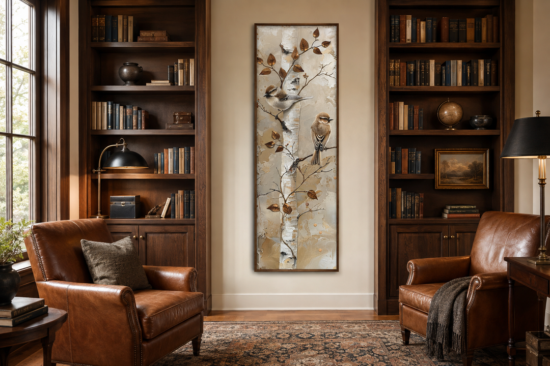Vertical wall art of birds on a birch tree in a long narrow frame, hanging in a library setting.