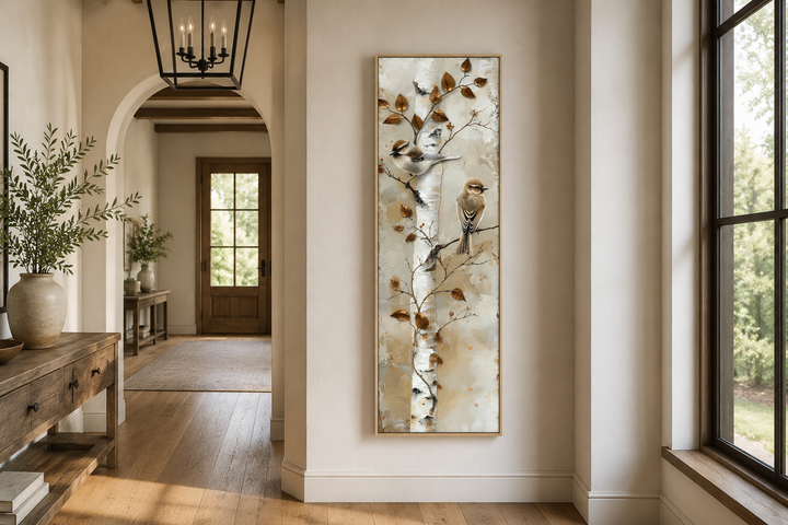 Vertical wall art of birds on a birch tree in a long narrow frame, hanging in a rustic hallway.