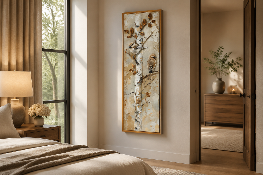 Vertical wall art of birds on a birch tree in a long narrow frame, hanging in a neutral bedroom.