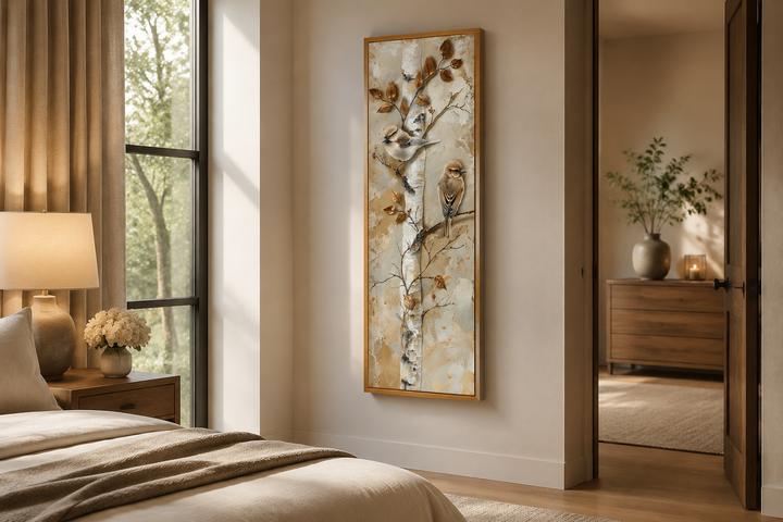 Vertical wall art of birds on a birch tree in a long narrow frame, hanging in a neutral bedroom.