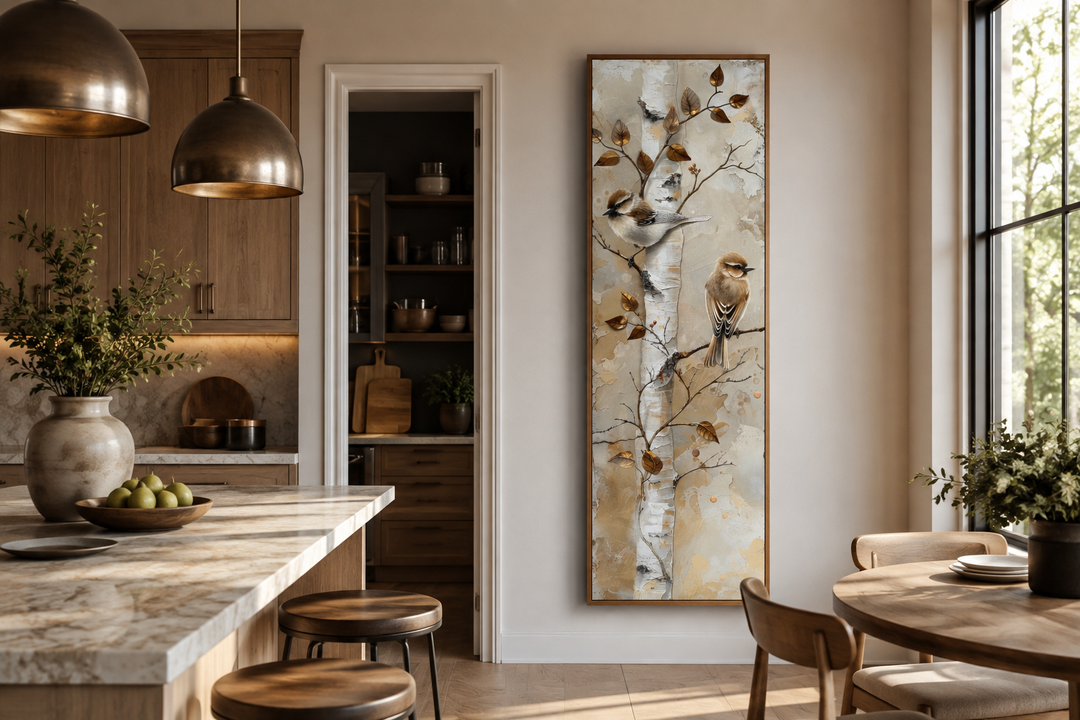 Long narrow vertical wall art featuring two birds on a birch tree in a modern kitchen setting.