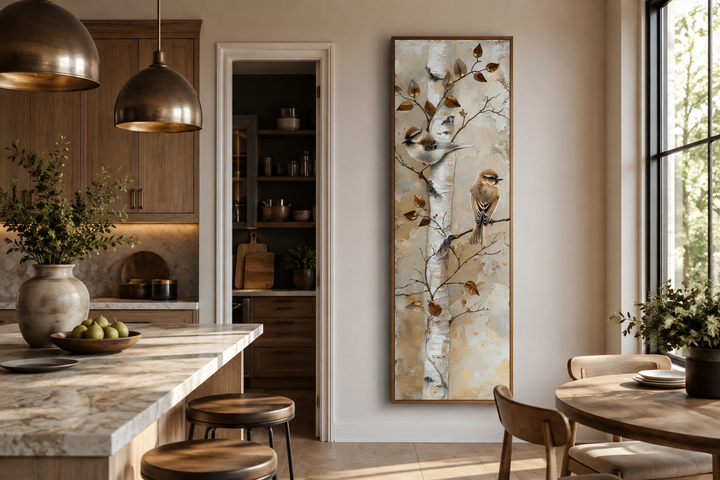 Long narrow vertical wall art featuring two birds on a birch tree in a modern kitchen setting.