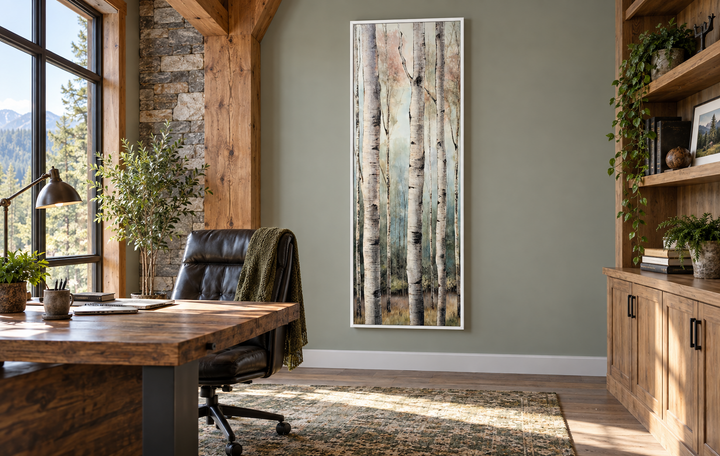 Long narrow vertical watercolor birch trees framed canvas wall art in a rustic office setting.