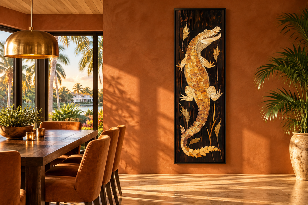 Tall narrow vertical framed canvas wall art featuring a detailed alligator on dark wood.
