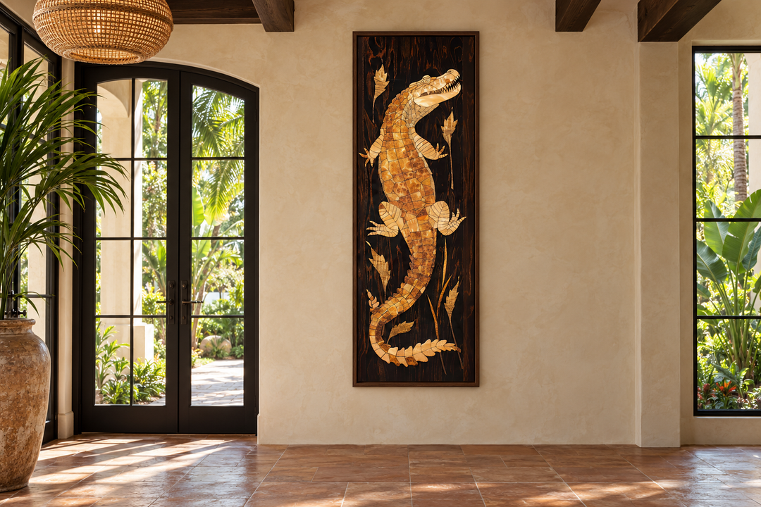 Tall narrow vertical framed canvas wall art featuring a wooden alligator on a dark background.