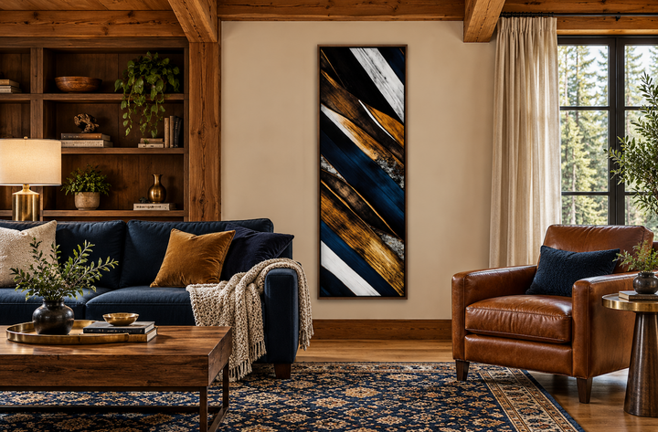 Tall narrow vertical canvas art with rustic wood planks in navy blue and brown on a living room wall