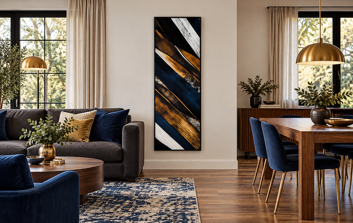 Tall narrow vertical canvas wall art with rustic wood planks in navy blue and earthy brown tones.