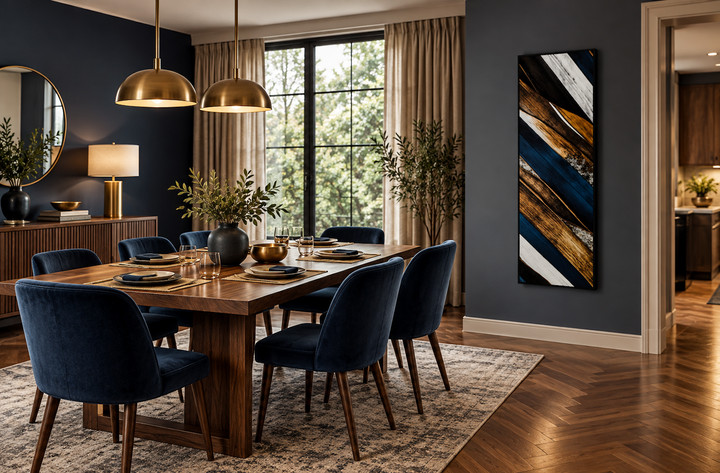Tall narrow vertical canvas wall art with rustic wood planks and navy blue accents in a dining room.