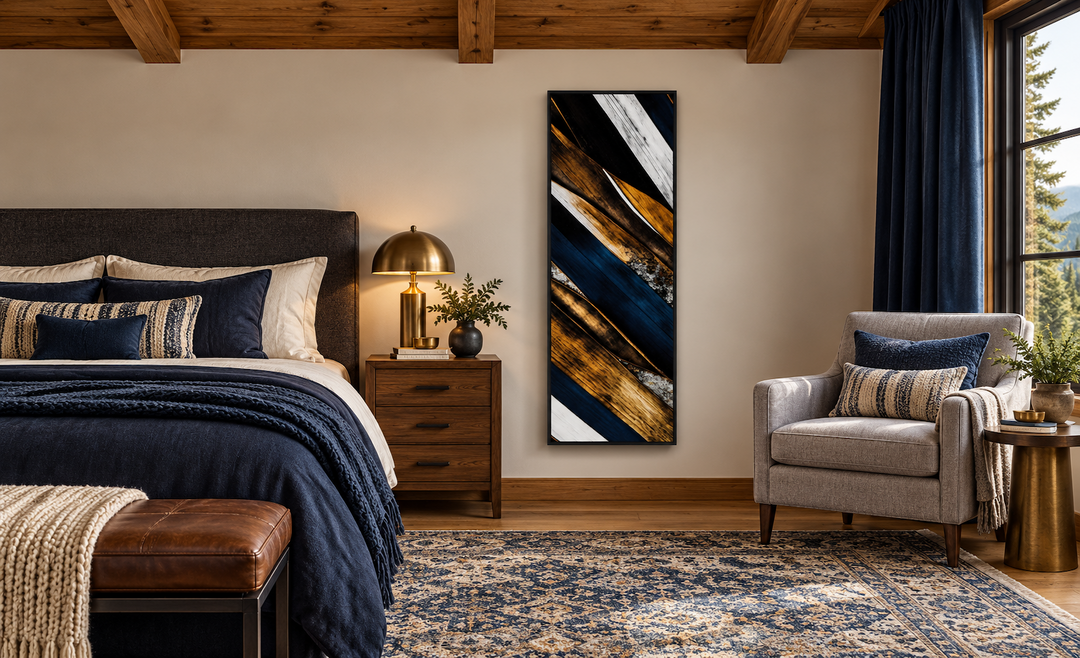 Tall narrow vertical wood planks framed canvas wall art with navy blue and brown rustic textures.