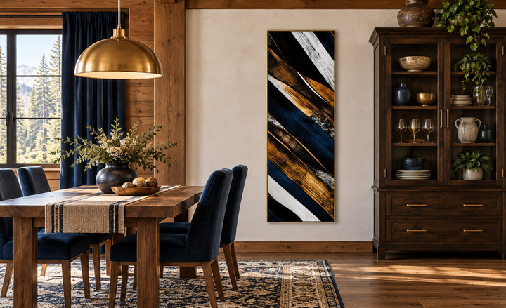 Tall narrow vertical wood planks rustic framed canvas wall art in a dining room with navy accents.