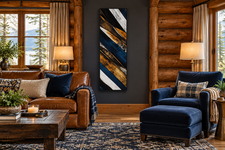 Tall narrow vertical wood planks rustic framed canvas wall art in a cabin living room.