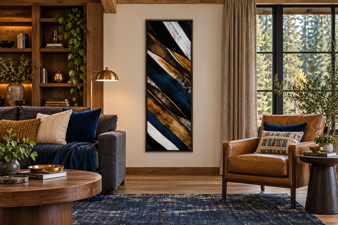 Tall narrow vertical canvas art with rustic wood planks and navy blue accents in a living room.