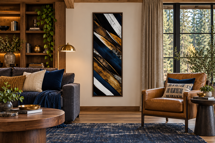 Tall narrow vertical canvas art with rustic wood planks and navy blue accents in a living room.