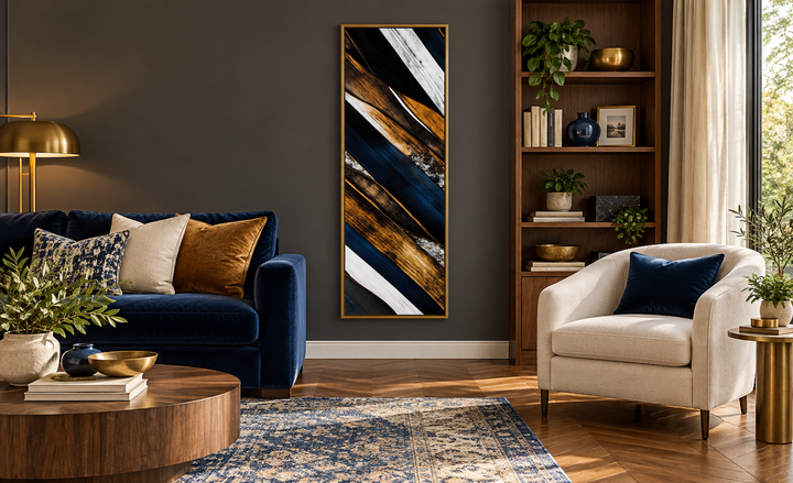 Tall narrow vertical canvas wall art with rustic wood planks in navy blue and brown tones.